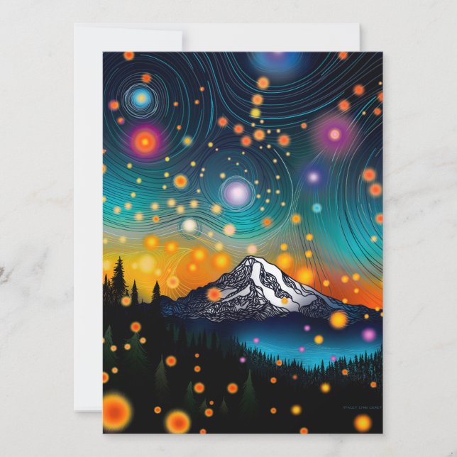 Cartão De Festividades Mt. Rainier w Evening Starry Sky e flores selvagen (Frente)