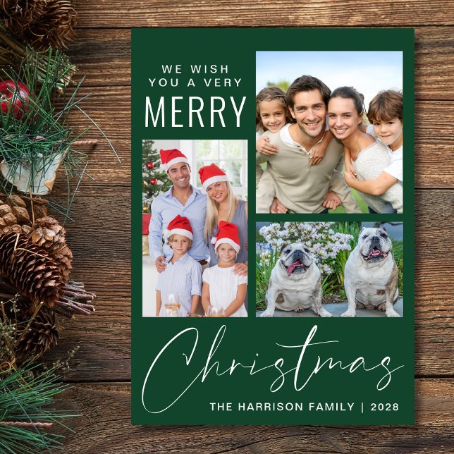 Cartão De Festividades Muito Feliz 3 Foto de Natal Verde (This holiday season, let your family's smiles and heartwarming memories shine on our 3 photo card)