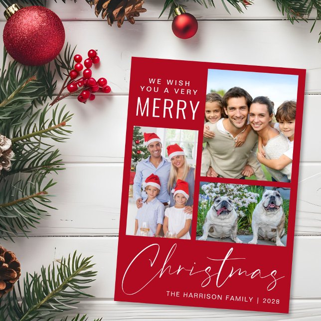 Cartão De Festividades Muito Feliz 4 Foto Vermelho Natal (This holiday season, let your family's smiles and heartwarming memories shine on our 3 photo card)