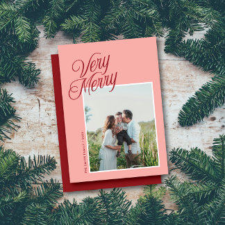 Cartão De Festividades Muito Feliz Natal Elegante Script Uma Foto Rosa