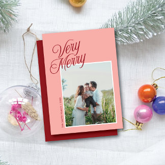 Cartão De Festividades Muito Feliz Natal Elegante Script Uma Foto Rosa