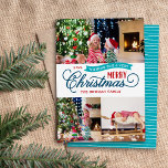 Cartão De Festividades Muito Feliz Script de Natal 3 Foto<br><div class="desc">Barato Cartões de foto de Natal impressos personalizados com um modelo DIY simples para personalização. Este design de diversão apresenta tipografia caprichosa em turquesa, marinho azul e vermelho. A mensagem dizia "Desejar-te um Natal Muito Feliz". O modelo tem espaço para 3 fotos da família. Use as ferramentas de design para...</div>