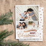 Cartão De Festividades Muito Feliz Script de Natal 3 Foto<br><div class="desc">Barato Cartões de foto de Natal impressos personalizados com um modelo DIY simples para personalização. Esta design de diversão apresenta tipografia química em papel de ouro de burgundy e faux rosa. A mensagem dizia "Desejar-te um Natal Muito Feliz". O modelo tem espaço para 3 fotos da família. Use as ferramentas...</div>