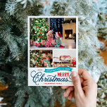 Cartão De Festividades Muito Feliz Script de Natal 3 Foto<br><div class="desc">Barato Cartões de foto de Natal impressos personalizados com um modelo DIY simples para personalização. Este design de diversão apresenta tipografia caprichosa em cores vermelha, azul marinho e turquesa. A mensagem dizia "Desejar-te um Natal Muito Feliz". O modelo tem espaço para 3 fotos da família. Use as ferramentas de design...</div>