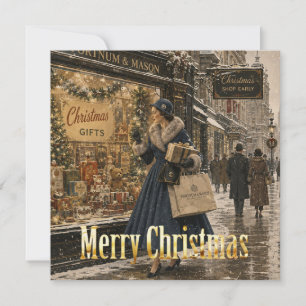 Cartão De Festividades Mulher de 1950 fazendo compras de Natal