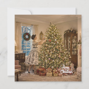 Cartão De Festividades Mulher de Natal de 1950 decorando árvore de Natal