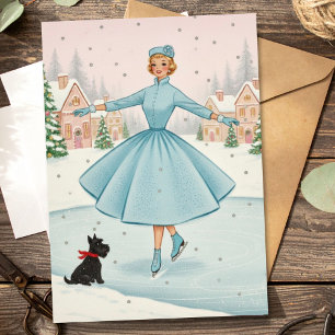 Cartão De Festividades Mulher de Natal Vintage Retro Com Cachorro Escocês