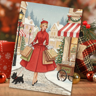 Cartão De Festividades Mulher de Natal Vintage Retro com Cachorro Scotty