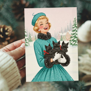 Cartão De Festividades Mulher de Natal Vintage Retro Com Cachorros Scotty
