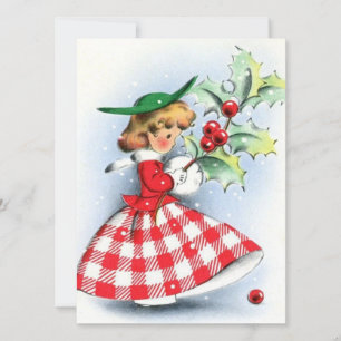 Cartão De Festividades Mulher de Natal Vintage Retro com Folha de Azevinh