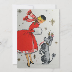 Cartão De Festividades Mulher de Natal Vintage Retro com Poodle