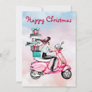 Cartão De Festividades Mulher do Natal vintage em uma scooter rosa