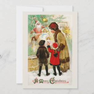 Cartão De Festividades Mulher e crianças vintage de Natal fazendo compras