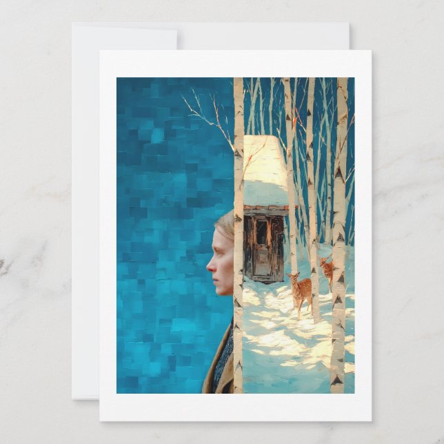 Cartão De Festividades Mulher e veado na floresta de pássaros nevados por (Frente)