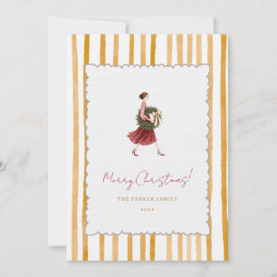Cartão De Festividades Mulher Elegante Natal Listras Amarelas Foto