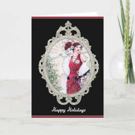 Cartão De Festividades Mulher Flapper de Natal em Art Deco Vermelho