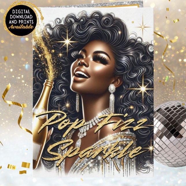 Cartão De Festividades Mulher negra elegante preta e dourada Ano Novo (A glamorous Black woman with natural hair wearing a silver and gold outfit, popping champagne)