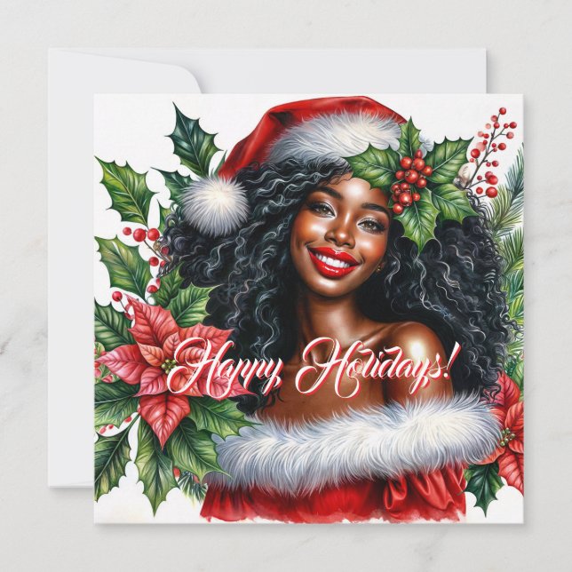 Cartão De Festividades Mulher Negra Sorridente Feliz Natal (Frente)