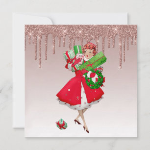 Cartão De Festividades mulher vintage 1950 rosa dourado gotejando ouro