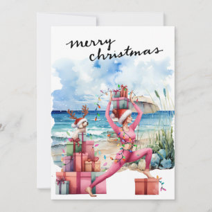 Cartão De Festividades Mulher Yoga com presentes no Natal da Praia temia