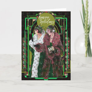 Cartão De Festividades Mulheres dos anos 20 com casacos de pele vintage