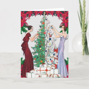 Cartão De Festividades Mulheres Flapper dos Anos 20 Decorando a Árvore de