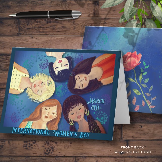 Cartão De Festividades Mulheres no Dia Internacional da Mulher Retraem az (International Women's Day Women Portraits blue Holiday Card)