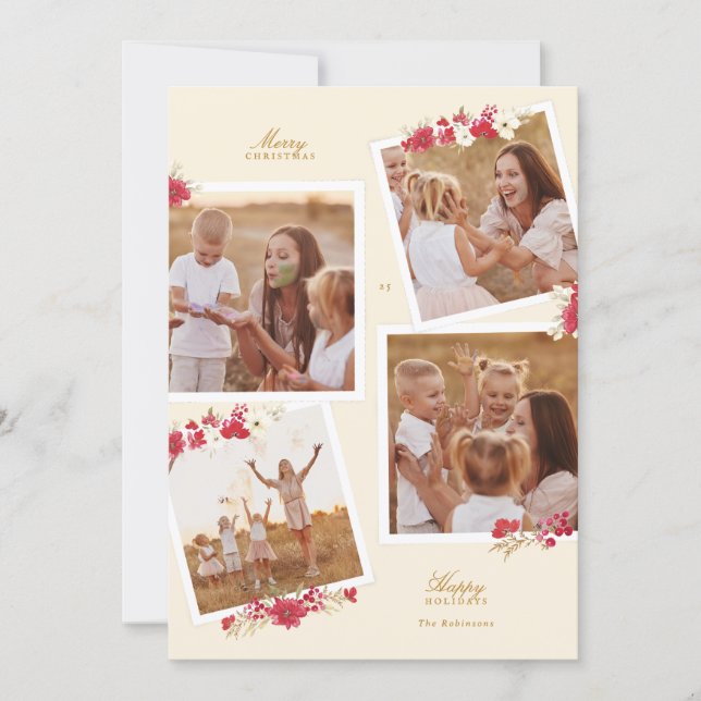 Cartão De Festividades multi photo merry christmas floral botanical (Frente)