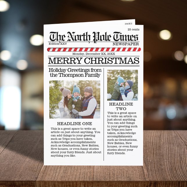 Cartão De Festividades Multi Photo Merry Christmas North Pole Newpaper (Merry Christmas holiday photo folding card with a cute newspaper template. )