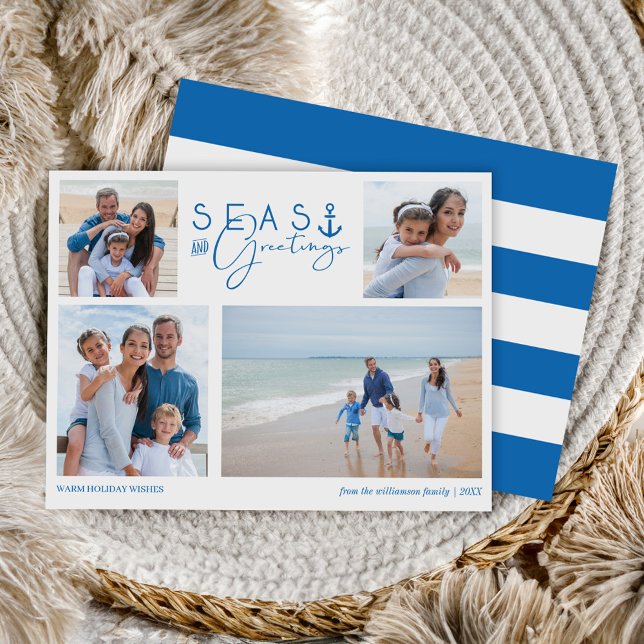 Cartão De Festividades Múltiplas Fotografias Náuticas Azul e Saudações (Seas & Greetings Blue Nautical Multiple Photo Holiday Card)