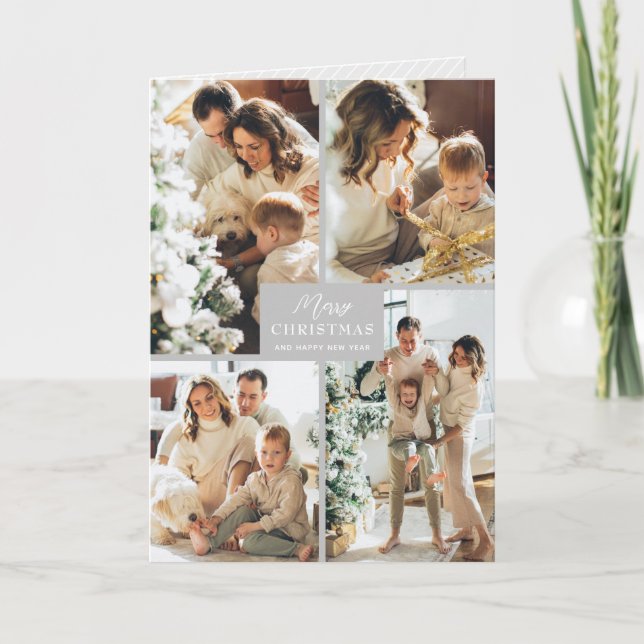 Cartão De Festividades Multiple Photo Merry Christmas Grey Folded (Frente)