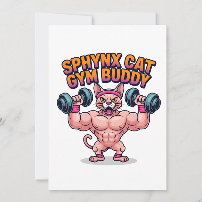 Cartão De Festividades Muscular Sphynx Cat Gym Buddy Cartoon (Frente)