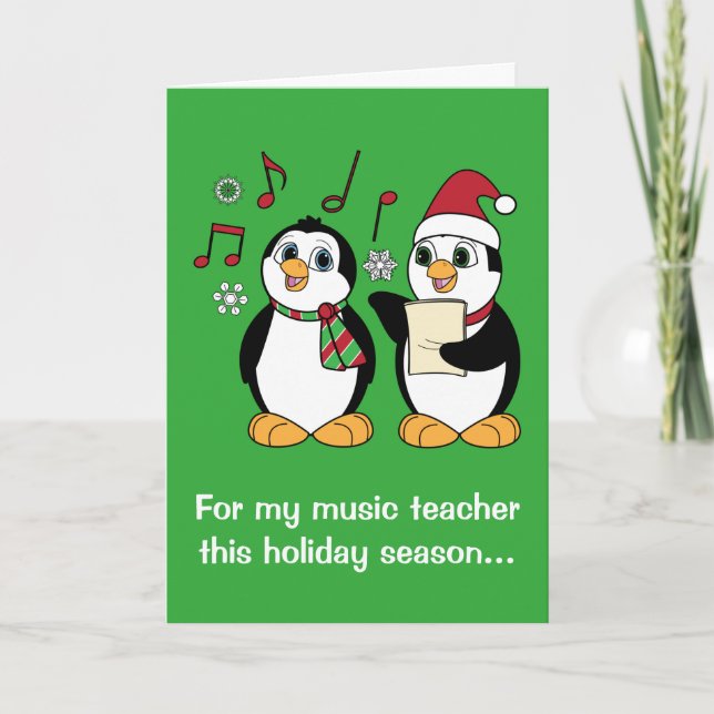 Cartão De Festividades Music Teacher: Christmas Penguins Caroling (Frente)