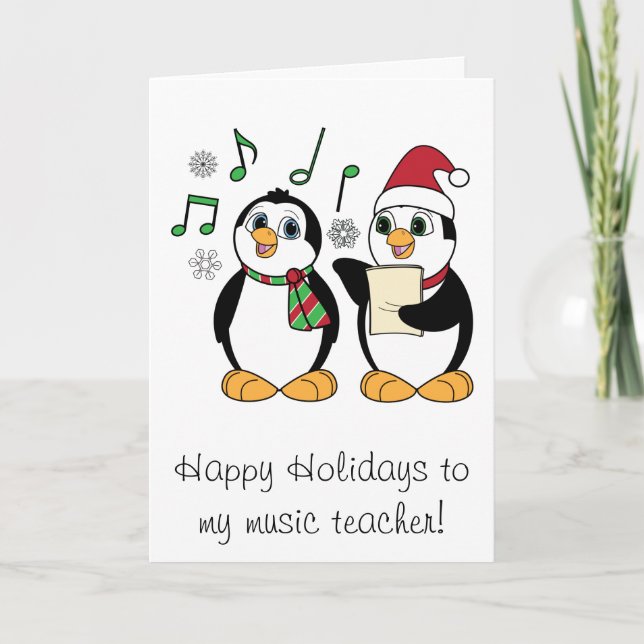 Cartão De Festividades Music Teacher Christmas Penguins Singing (Frente)