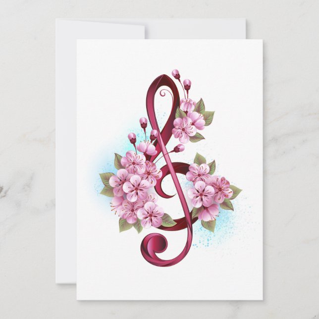 Cartão De Festividades Musical treble clef notes with Sakura flowers (Frente)