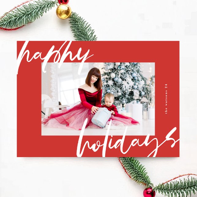 Cartão De Festividades na moda branco moderno e foto vermelha feliz (Criador carregado)