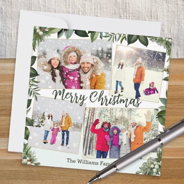 Cartão De Festividades Na moda Elegante Verde 4 Foto Colagem Natal (A modern Christmas card with greenery border, to personalize with four photos and name(s))