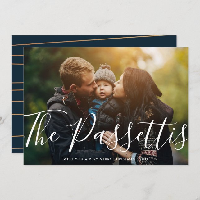 Cartão De Festividades Na moda Name Modern Christmas Photo Horizontal (Frente/Verso)