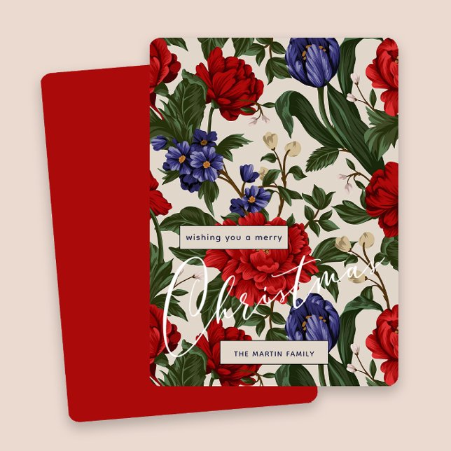 Cartão De Festividades Na moda Red BotanicalFloral Feliz Script de Natal (Criador carregado)