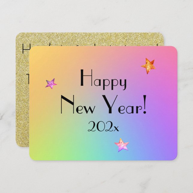 Cartão De Festividades Name || Happy New Year Gradient Rainbow and Gold  (Frente/Verso)