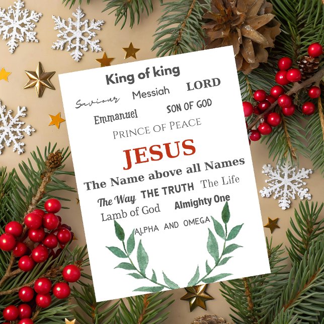 Cartão De Festividades Names of Jesus Typography Christmas Greeting Card (Christmas greeting card with black typography Jesus Names of All Names on white background.)