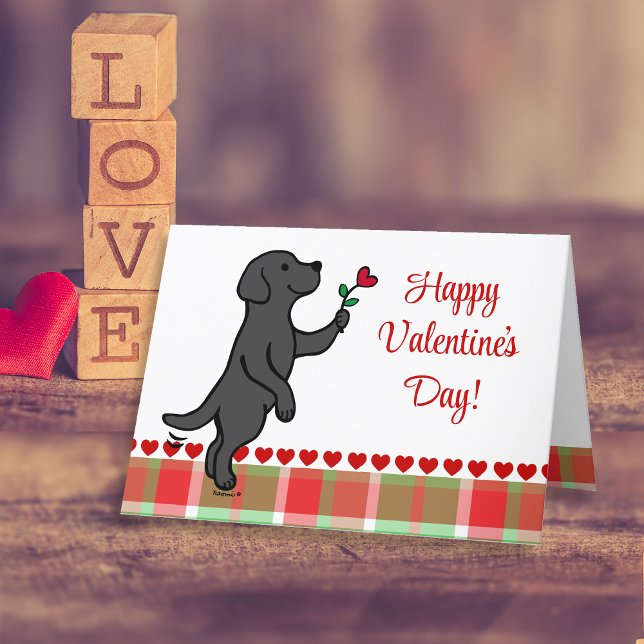 Cartão De Festividades Namorados de Flor Cardíaca Preto Labrador (Black Labrador Tiny Heart Flower Valentine's Day Cards for Labrador Owners.  Sweet cartoon design.)