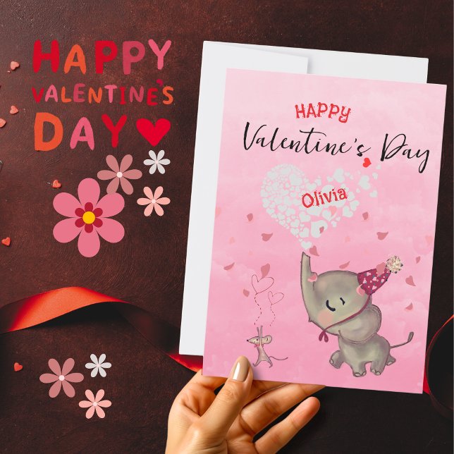 Cartão De Festividades Namorados de mouse elefante bonito rosa (Cute Elephant Mouse Valentine Pink Holiday Card )
