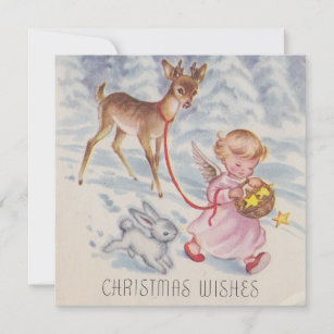 Cartão De Festividades Natais vintages Angel Deer e Bunny
