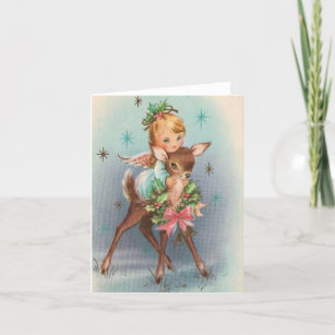 Cartão De Festividades natais vintages Angel E Deer