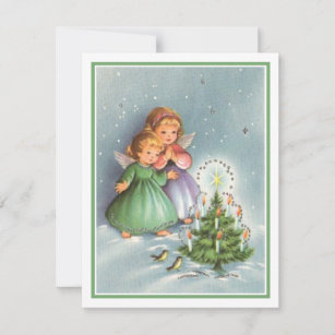 Cartão De Festividades Natais vintages Angel Girls Por Árvore De Natal