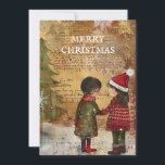 Cartão De Festividades Natais vintages Árvore Neve<br><div class="desc">Natais vintages cumprimentando cartão com a pintura de duas crianças em pé na neve diante de uma árvore de Natal. O texto diz, "Feliz Natal" mas é personalizável para sua própria saudação. Personalizado no verso com sua mensagem e seu nome. Entre em contato comigo para obter assistência com sua personalização...</div>