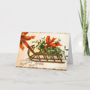Cartão De Festividades Natais vintages com placa de saudação Sled