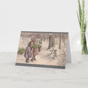 Cartão De Festividades Natais vintages crianças de boneco de neve