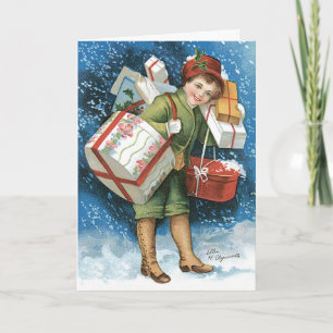 Cartão De Festividades Natais vintages, Garota com presentes na neve do i